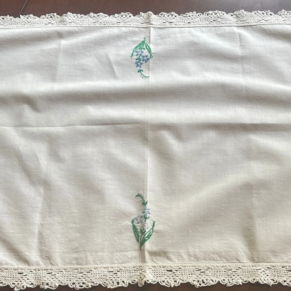 Vintage Hand Embroidered Blue Pansy Dresser Scarf White Lace Runner 36x15